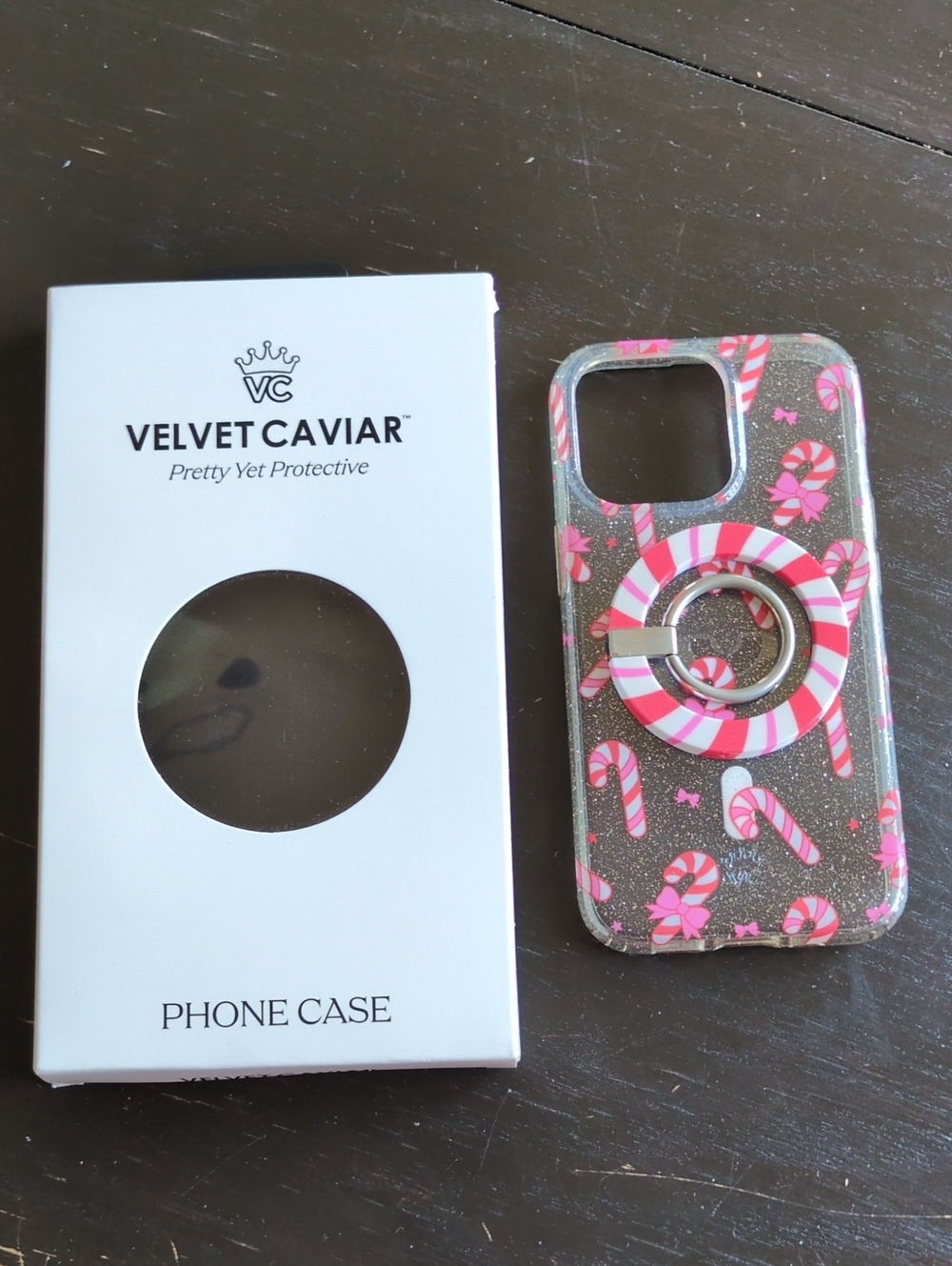 Velvet Caviar Pink Candy Cane Ring iPhone 13 Pro Case with Glitter Accents